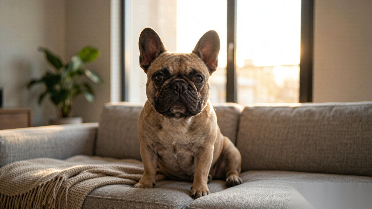 A French bulldog curled on a cozy sofa — the kind of companion beloved in homes everywhere