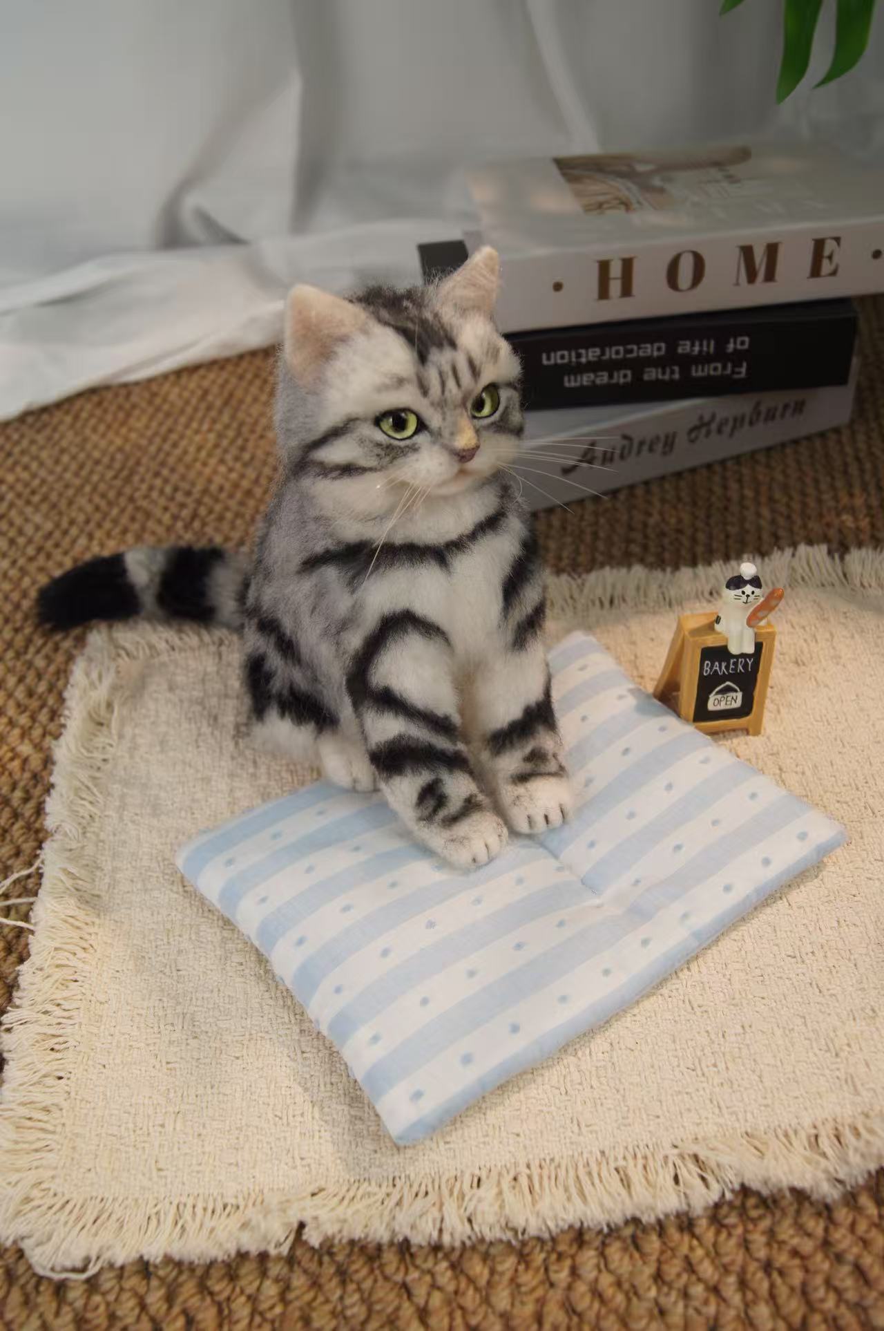 Custom full-body needle-felt silver tabby cat sculpture by Padmori