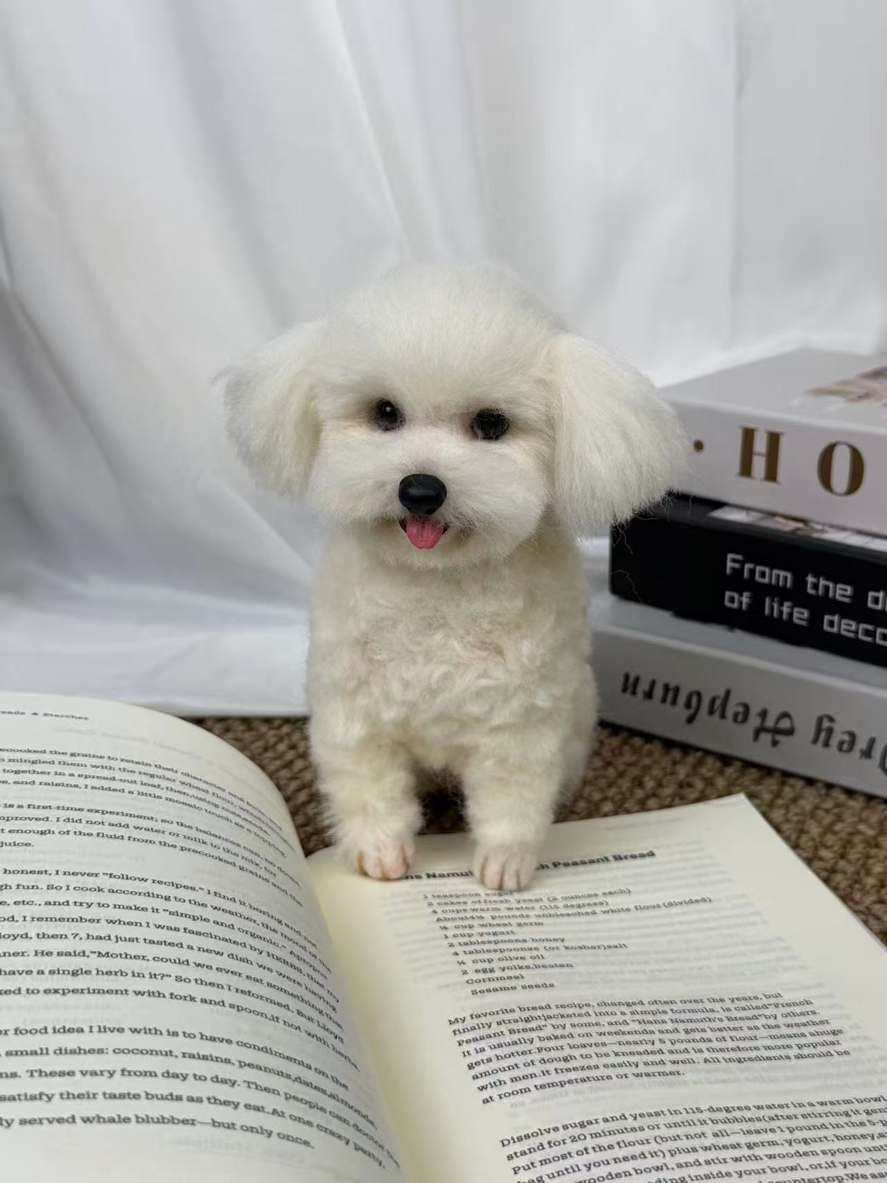 Custom full-body needle-felt white bichon sculpture by Padmori